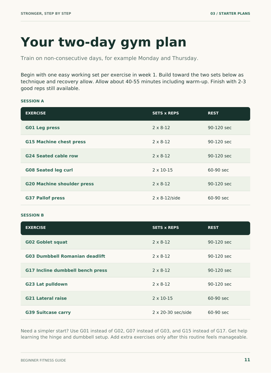 Actual page from the weight-loss guide showing a two-day gym workout plan