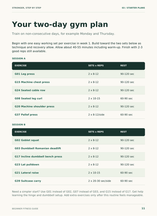 Actual page from the weight-loss guide showing a two-day gym workout plan