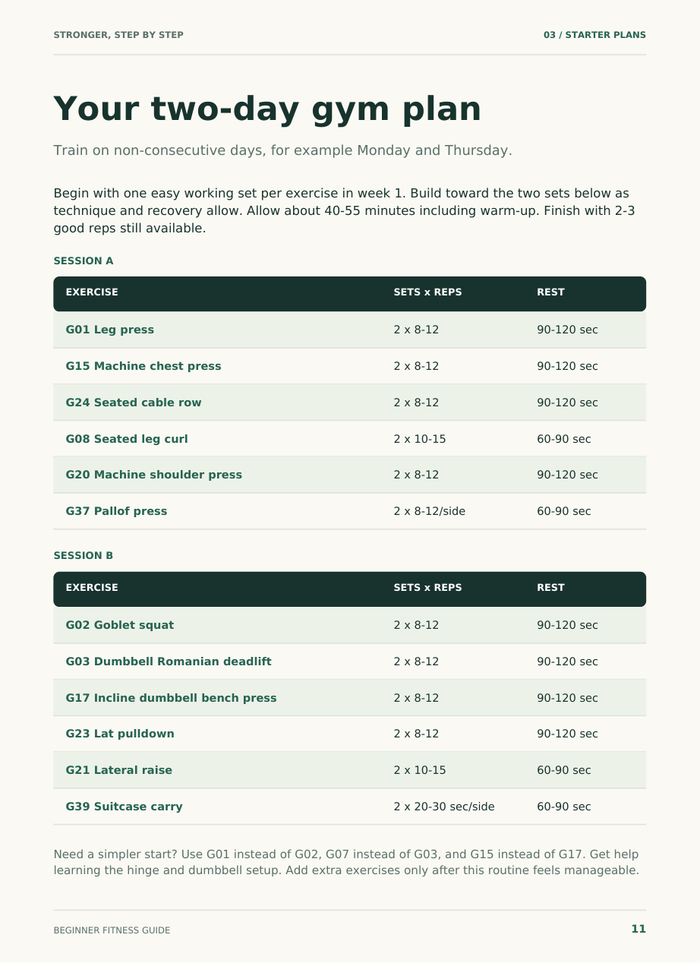 Actual page from the weight-loss guide showing a two-day gym workout plan